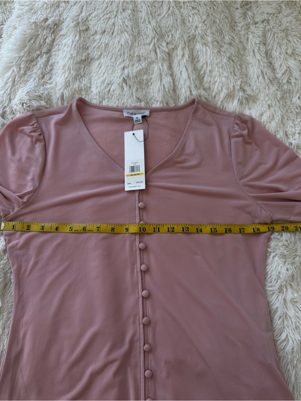 Calvin Klein Puff Sleeve Button Front Blouse Pink V Neck Top Medium NWT - Picture 5 of 10